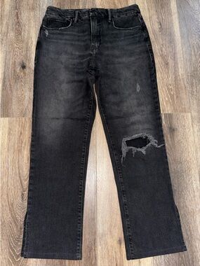 Good American Good Boy Slit Hem Distressed Straight Leg Jeans In Black Size 12
